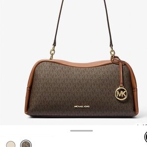 Michael Kors Brown Signature Dome Shoulder Bag with Tan Trim